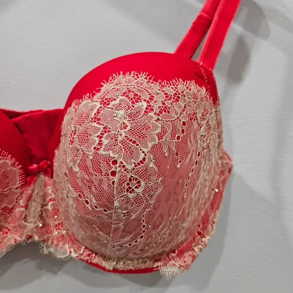 Victorias Secret Dream Angels Lined Demi Bra 38DD Red Ivory Lacey Rhinestones